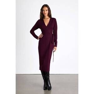 Lulus Literary Lover Dark Plum Midi Wrap Sweater Dress Purple - Size M
